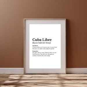 Cuba Libre Cocktail Print | Signature Drink Alcohol Poster | Bar Cart Wall Decor | Printable Cuba Libre Recipe Impression | Cocktail Guide