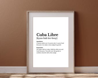 Impresión de la receta del cóctel Cuba Libre: Decoración para carrito de bar (Descarga digital)