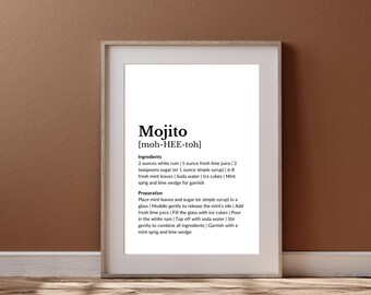 Impresión de cóctel mojito: Arte para carrito de bar, decoración de cocina (descarga digital)