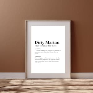 Plakat z drinkiem Dirty Martini Signature | Prosty przepis na drinka do wydrukowania | Dekoracja ścienna wózka barowego | Minimalistyczny wydruk cyfrowy |