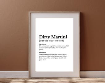 Impresión de receta de Martini Sucio: Decoración minimalista para carrito de bar (descarga digital)