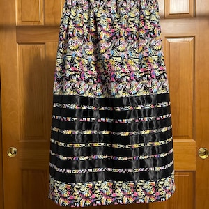 Women’s Ribbon Skirt - Large or XL Ready to Ship - Black Ribbons on Neon Abstract Butterflies  Calico Cotton
