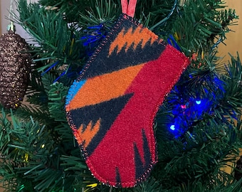 Stocking Christmas Ornament / Gift Card Holder / Money Holder / Red & Orange  Southwestern Handcrafted Pendleton Woolen Mill Fabric