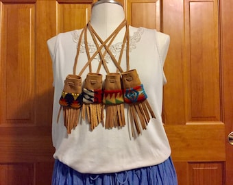 Fringed Medicine Bag Gift Set / Amulet Bag Gift Set / Neck Pouches Wool & Leather Handcrafted With Pendleton Woolen Mills Fabric