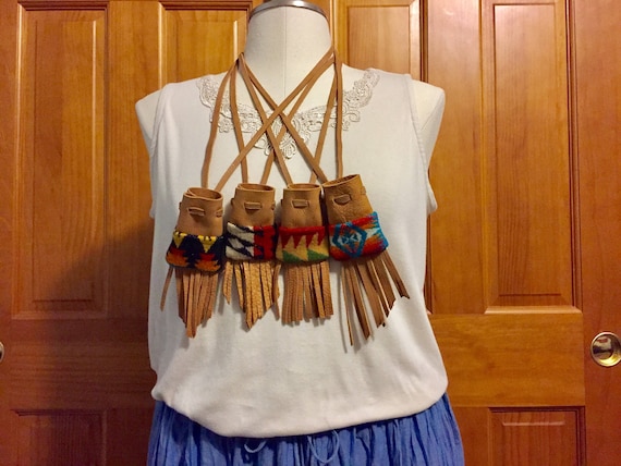 Fringed Medicine Bag Gift Set / Amulet Bag Gift Set / Neck Pouches Wool & Leather Handcrafted With Pendleton Woolen Mills Fabric