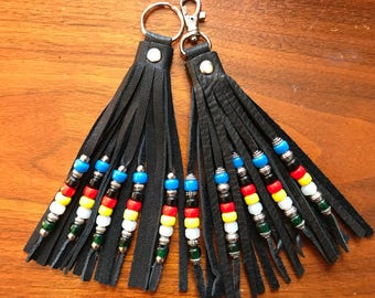 Beaded Leather Tassel Keyring / Swivel Hook - 4 Directions Double Fringe 5 Strand Beadwork - Zipper Pull / Purse Decoration / Boho Accessory