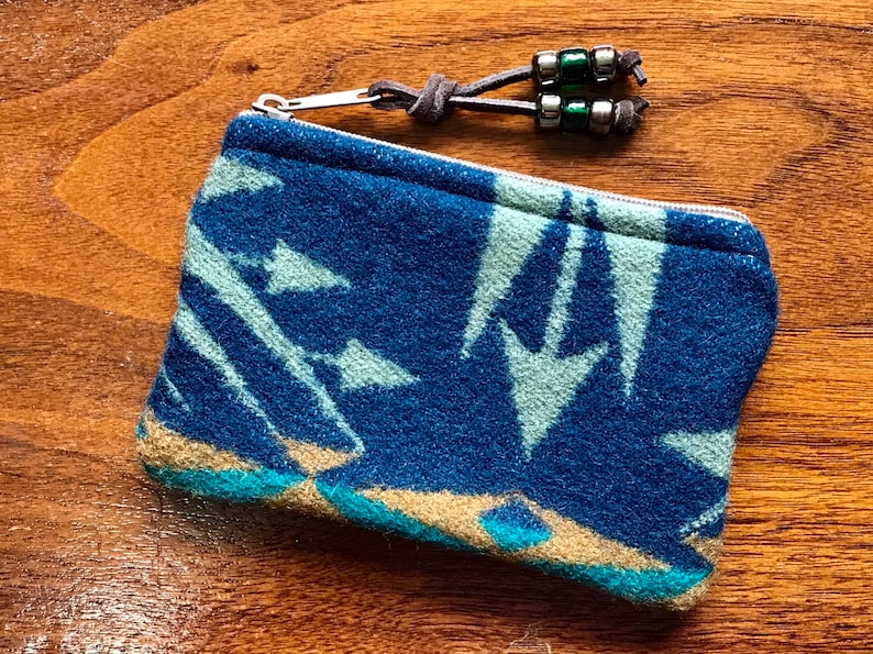 Wool Coin Purse Phone Cord Gift Card Holder Zippered Pouch XL Blue Echo Peaks Southwestern Handcrafted Pendleton Woolen Mill Fabric