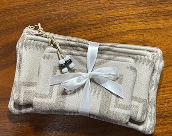 Gift Set of 3 Large Organizer / Travel Set Wool Winter White Tonal Harding Geometric Handcrafted Pendleton Woolen Mill Fabric