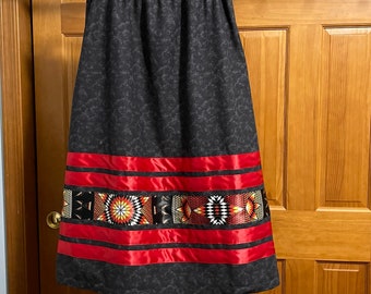 Women’s Ribbon Skirt - Large - Ready to Ship - Black with Designer Four Direction Ribbon - Calico Cotton