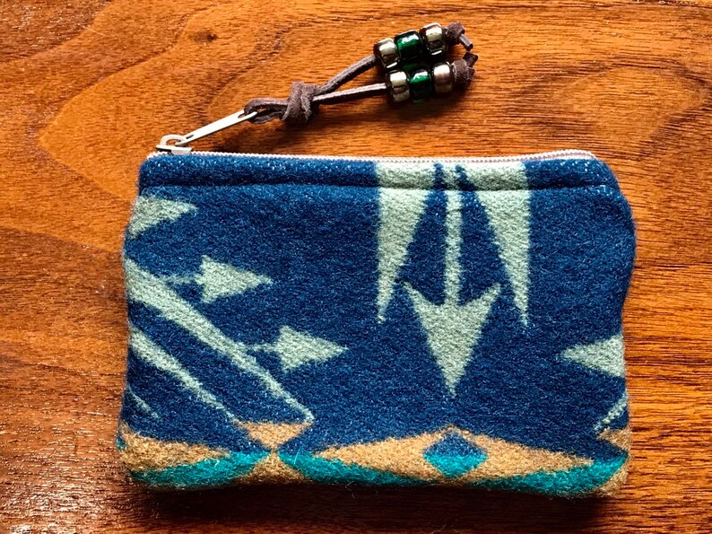 Wool Coin Purse Phone Cord Gift Card Holder Zippered Pouch XL Blue Echo Peaks Southwestern Handcrafted Pendleton Woolen Mill Fabric