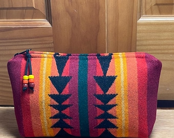 Cosmetic Bag / Makeup Bag / Zippered Pouch XL Red Condensed Stripes  Southwestern Handcrafted Pendleton Woolen Mill Fabric