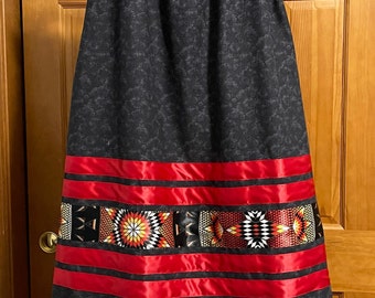 Women’s Ribbon Skirt with Optional Pockets - Made to Order - Black with Designer Morning Star Ribbon - Red Available - Calico Cotton