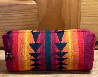 Cosmetic Bag, Makeup Bag, Zippered Pouch, Large Red Condensed Stripes, Handcrafted Pendleton Woolen Mill Fabric