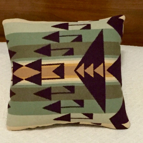 Wool Decorative Pillow / Accent Pillow / Rustic Pillow 15 x 14 Primitive Geometric Handcrafted Using Fabric from Pendleton Woolen Mill