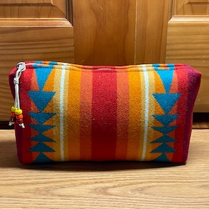 Cosmetic Bag / Makeup Bag / Zippered Pouch XXL Wool Turquoise Condensed Bold Stripes Handcrafted Pendleton Woolen Mill Fabric