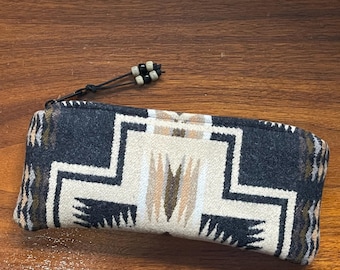 Wool Clutch, Travel Bag, Cosmetic Pouch, Large, Black & Tan Harding, Handcrafted Pendleton Woolen Mill Fabric