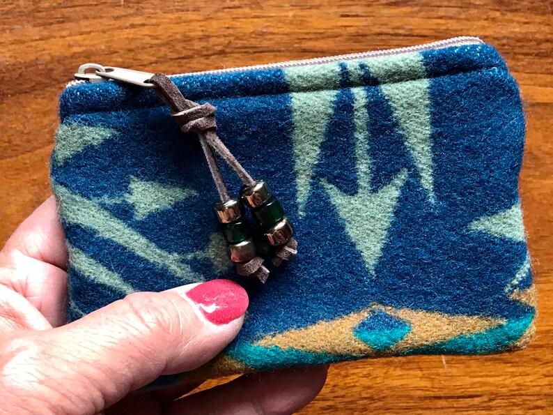 Wool Coin Purse Phone Cord Gift Card Holder Zippered Pouch XL Blue Echo Peaks Southwestern Handcrafted Pendleton Woolen Mill Fabric