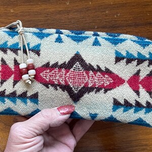 Wool Clutch, Travel Bag, Cosmetic Pouch, Medium, Beige & Red Southwestern, Handcrafted Pendleton Woolen Mill Fabric image 3