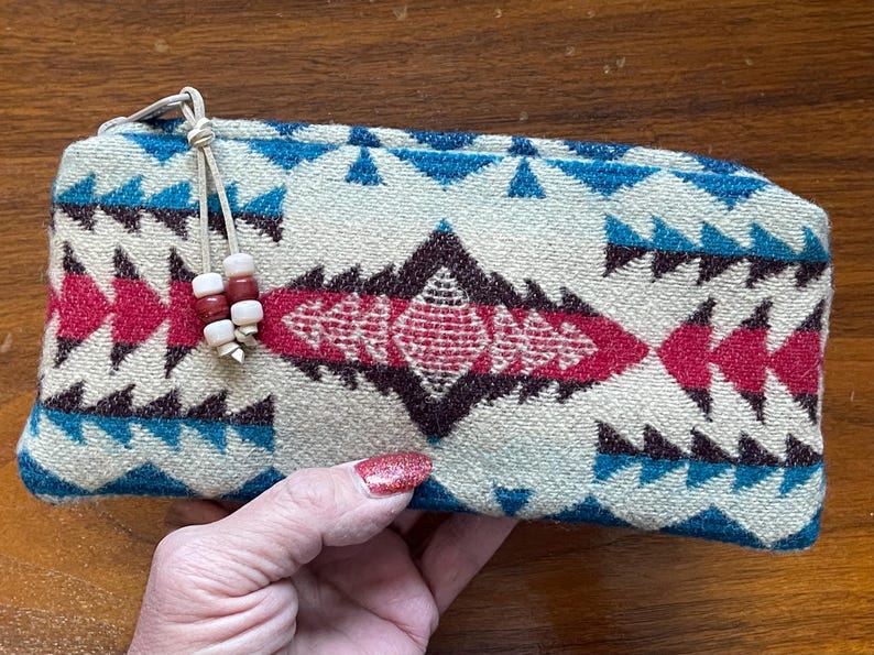 Wool Clutch, Travel Bag, Cosmetic Pouch, Medium, Beige & Red Southwestern, Handcrafted Pendleton Woolen Mill Fabric image 3