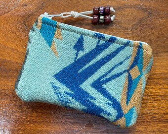 Wool Coin Purse / Gift Card Holder XL Green Echo Peaks (B) Southwestern Handcrafted Pendleton Woolen Mill Fabric