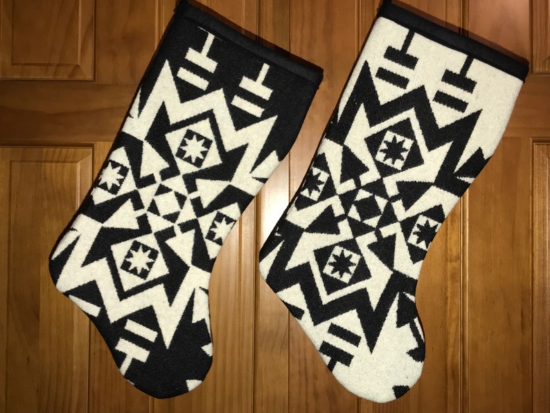 Christmas Stocking XL Black /& White Condensed Tribal Southwestern Geometric Handcrafted Using Fabric from Pendleton Woolen Mill