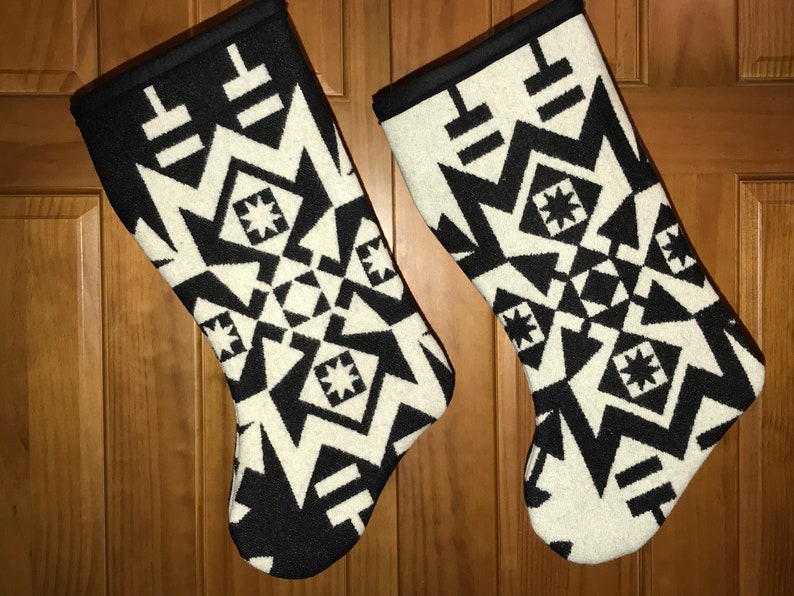 Christmas Stocking XL Black /& White Condensed Tribal Southwestern Geometric Handcrafted Using Fabric from Pendleton Woolen Mill