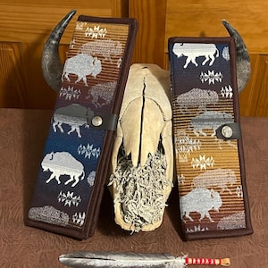 Feather Holder, Feather Case, Wool, Brown & Navy Blue Buffalo, Handcrafted Pendleton Woolen Mill Fabric