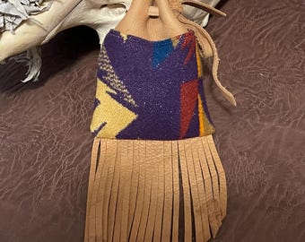 Fringed Medicine, Tobacco, Drawstring Bag Small, Wool & Leather, Eggplant Purple Geometric, Handcrafted Pendleton Woolen Mill Fabric