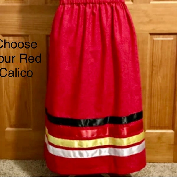 Women’s Ribbon Skirt with Optional Pockets - Made to Order - Red with Four Direction Ribbon - Choose Your Red Calico Cotton