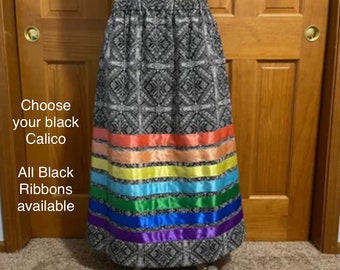 Women’s Ribbon Skirt - Rainbow Ribbon on  Black & White Cotton Calico - Choose Your Calico Fabric