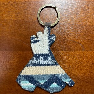 May include: A blue and white patterned fabric keychain shaped like a hand giving the middle finger.