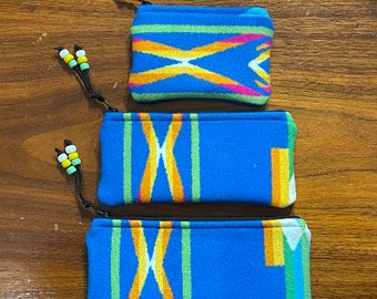 Gift Set of 3 / Purse / Organizer  / Travel Set Wool Blue San Gabriel Southwestern Handcrafted Pendleton Woolen Mill Fabric