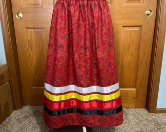 Women’s Ribbon Skirt - Med or Large - Ready to Ship - Red with Gold Flecks - Four Direction Ribbon - Calico Cotton