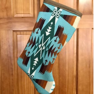 Christmas Stocking XL Aquamarine Tuscon Tribal (A) Southwestern Handcrafted Pendleton Woolen Mill Fabric