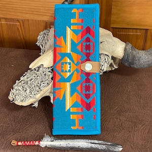 Feather Holder Wool Turquoise Condensed Southwestern Geometric Tribal Handcrafted Using Fabric from Pendleton Woolen Mill