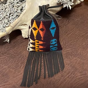 Fringed Medicine Bag Medium / Cedar Bag / Drawstring Bag Wool & Leather Big Top (A) Handcrafted  Pendleton Woolen Mill Fabric