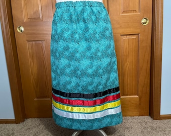 Women’s Ribbon Skirt - Large or XL Ready to Ship - Teal/Turquoise Mum Petals - Four Direction Ribbon - Calico Cotton