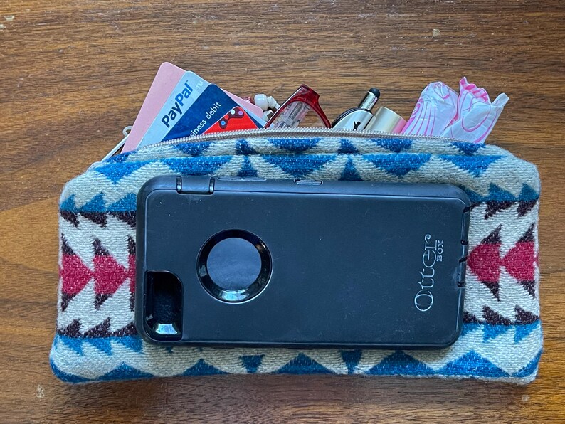 Wool Clutch, Travel Bag, Cosmetic Pouch, Medium, Beige & Red Southwestern, Handcrafted Pendleton Woolen Mill Fabric image 8