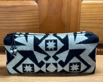 Cosmetic Bag / Makeup Bag / Zippered Pouch / Unlined Clutch Large Black & White Condensed Handcrafted Pendleton Woolen Mill Fabric