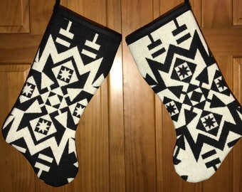 Christmas Stocking XL Black & White Condensed Tribal Southwestern Geometric Handcrafted Using Fabric from Pendleton Woolen Mill