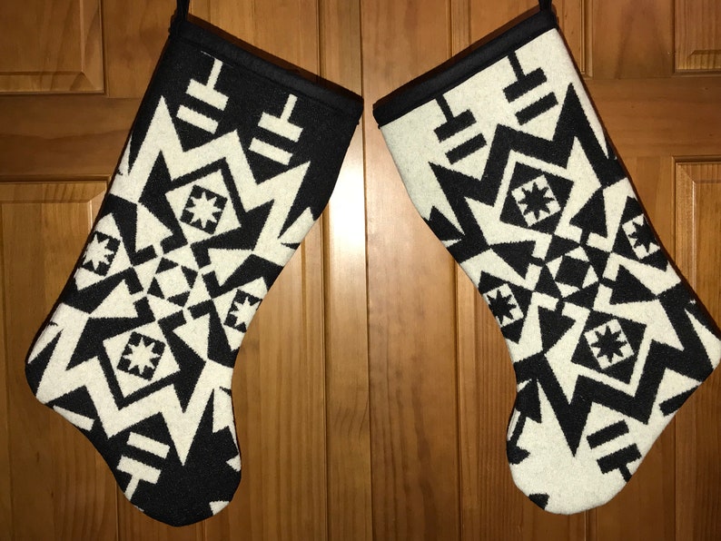 Christmas Stocking XL Black /& White Condensed Tribal Southwestern Geometric Handcrafted Using Fabric from Pendleton Woolen Mill