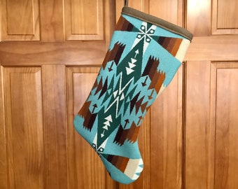 Christmas Stocking XL Aquamarine Tuscon (B) Tribal Southwestern Geometric Handcrafted Using Fabric from Pendleton Woolen Mill