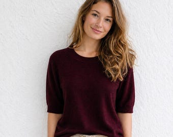 Merino Wool Half Sleeve Summer Top: Lightweight Knit Sweater Tee