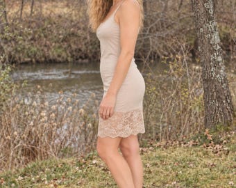 Natural Silk Slip Dress, Soft Jersey Nightgown, Lace Trim Chemise, Adjustable Strap Sleepwear, Silk Lingerie