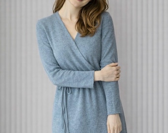 Merino Wool Wrap Dress, Long Sleeve Knit Empire Waist