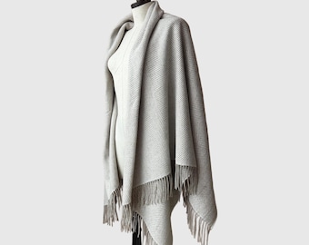Extra Large Wool Wrap Throw: Herringbone Tassel Shawl | Merino Wool