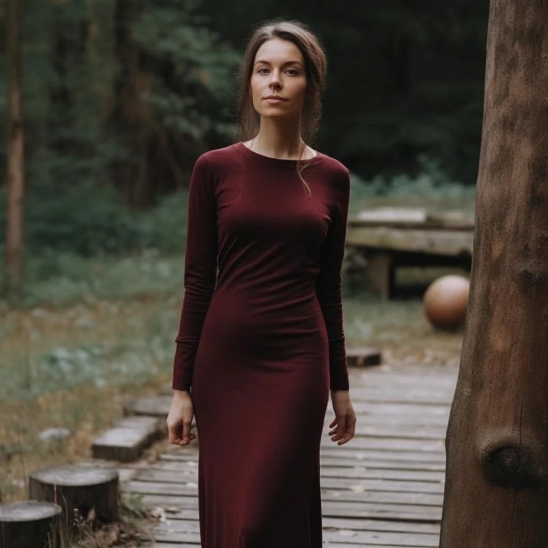Long Billowy Sleeved Maxi Dress with Form Fitting Fabric