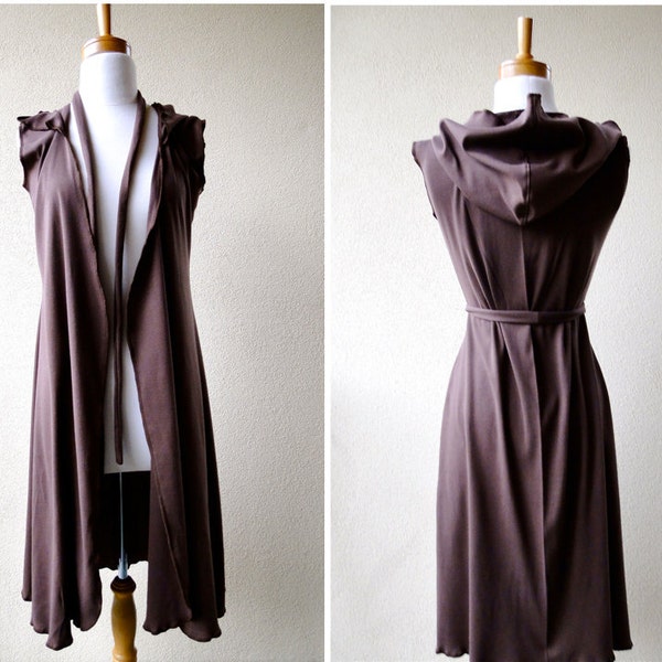 Organic cotton cover up long hoodie sleeveless  wrap  in Brown ready to ship.