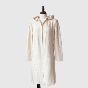Merino Wool Hooded Cardigan: Long Cable Knit Open Sweater