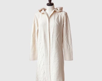 FLASH SALE Merino Wool Hooded Cardigan: Long Cable Knit Sweater, Boho Style